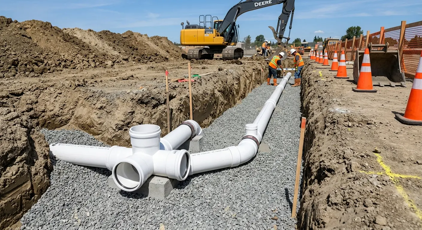 New PVC sewer pipe installation in open trench for Commercial Drain Cleaning in Lone Grove
