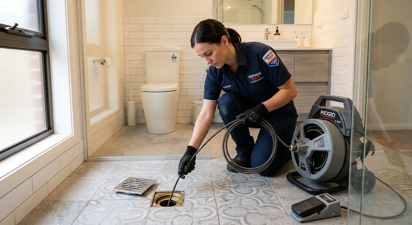 Technician clearing a bathroom floor drain for Hydro Jetting in Lone Grove